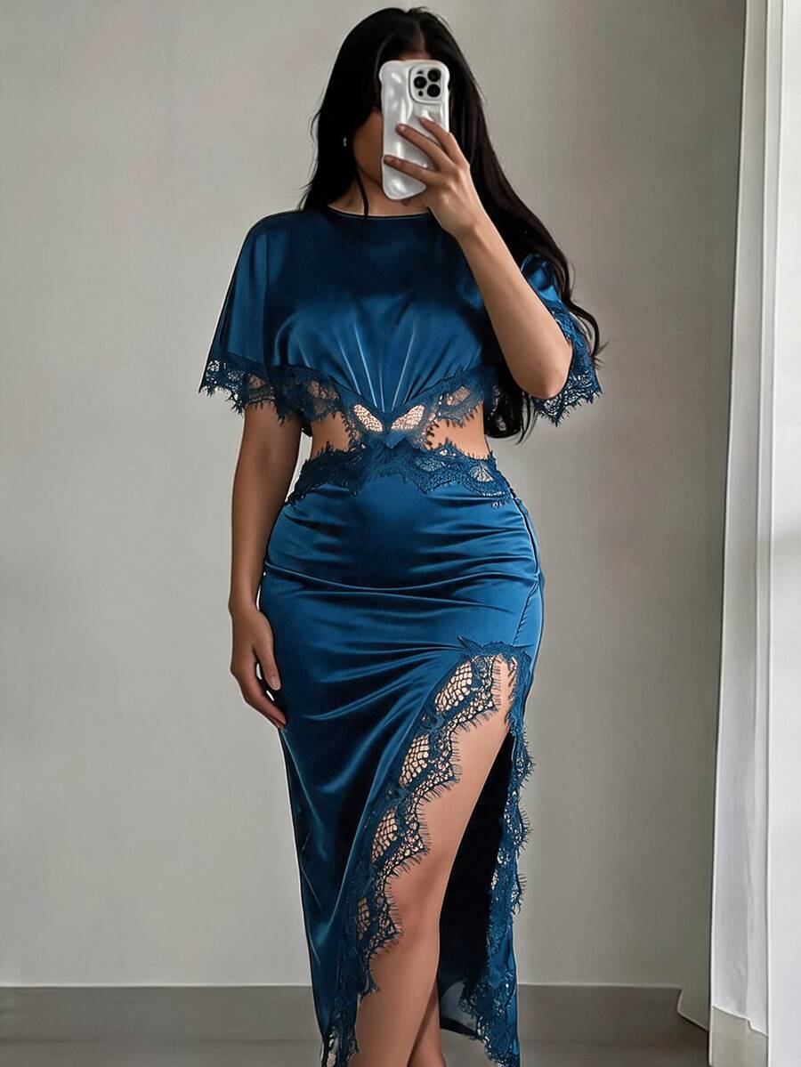SHEIN SXY 女款絲綢蕾絲拼接不對稱性感優雅鏤空約會外出雞尾酒晚會萬聖節藍綠色夏季洋裝 - 藏蓝色 - 查看 1