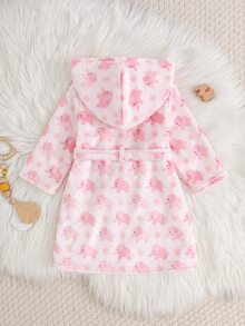 Cozy Pixies 女嬰連帽長袖前綁帶加厚大象圖案浴袍，適合冬季，粉色毛絨女孩浴袍 - 粉色 - 查看 2
