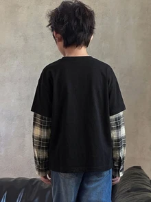 Dazy Kids Tween Boy Letter Print Patchwork Plaid 2 In 1 Casual T-Shirt - Black - View 2