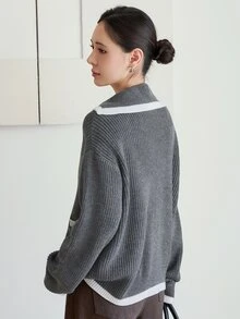 Dazy-Less Women's Grey Round Neck Button Cable Knit Long Sleeve Slim Fit Ribbed Cardigan, Autumn/Winter - Grey - View 2