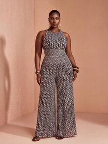 JIAN LASALA Jumpsuit nữ size lớn ống rộng không tay vải lưới in toàn thân phong cách Boho thanh lịch cho mùa hè, đi biển và du lịch - Nhiều màu - Xem 3