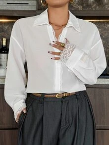 Dazy Plus Fun & Chic Commuter Office Wear Lace Patchwork Loose Long Sleeve Urban Casual White Shirt - White - View 1
