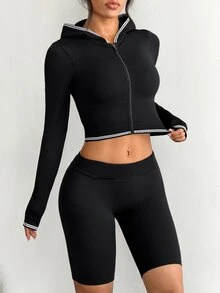 SHEIN Dewbera 1pc Black Contrast Piping Hooded Knit Top, Full Zip Long Sleeve Cropped Cardigan, Slim Fit, Suitable For Daily, Autumn - Black - View 6
