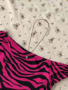Attitoon Women's Purple Zebra Print Asymmetrical Shoulder Ruched Fitted Cropped Top, Minimalist Casual Streetwear Style - Multicolor - View 5