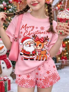 青少年女孩休閒簡約可愛趣味卡通聖誕老人麋鹿雪人圖案，漸層波點雪花，聖誕紅，圓領短袖T恤，適合聖誕可愛風、圖案上衣、可愛上衣、聖誕上衣 - 彩色 - 查看 1