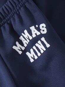 SHEIN Playful Pals 中性款秋冬圓領長袖運動衫與慢跑褲套裝，MAMA'S MINI 字母印花柔軟運動衫嬰兒套裝，寬鬆休閒幼兒男孩居家與戶外日常穿著 - 寶藍色 - 查看 6