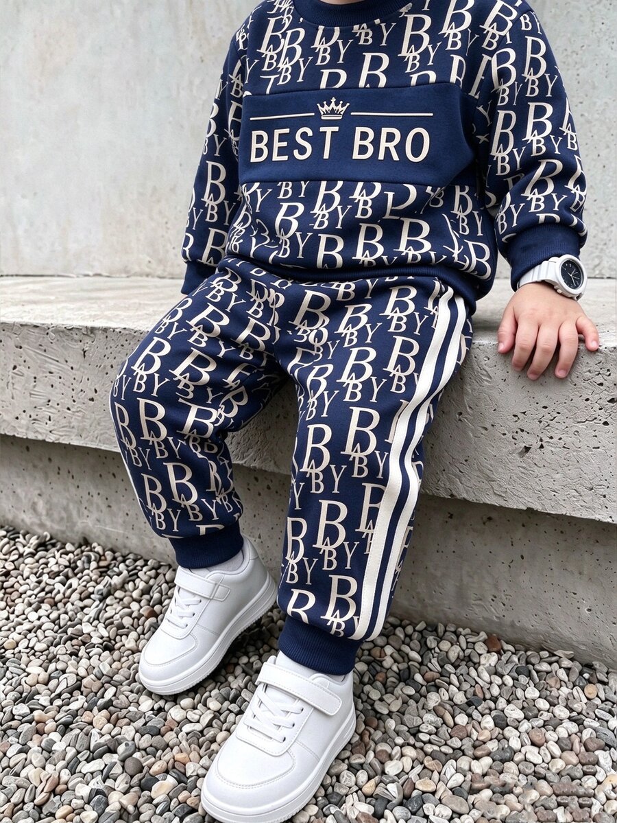 2Pcs Young Boys Sweatshirt Set, All-Over Letter Digital Print Crew Neck Long Sleeve Top & Sweatpants, Dark Brown, Autumn Winter Casual Outfit - Multicolor - View 1
