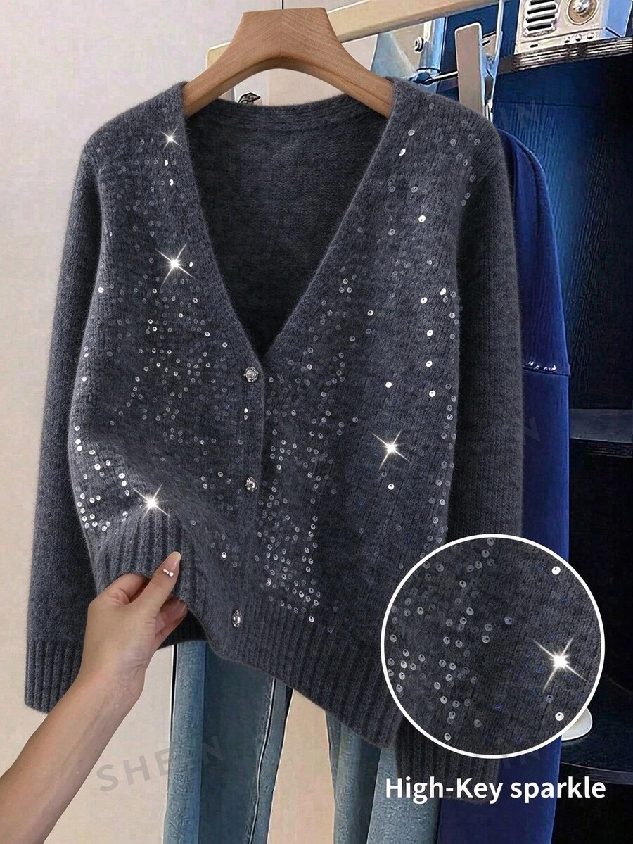 GlowEve CURVE Soft & Shiny Sequin V-Neck Cardigan, Cozy & Fashionable For Autumn/Winter - Grey - View 1