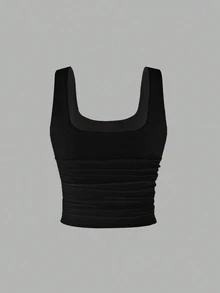 SHEIN PETITE Minimalist Solid Color Wide Strap Ruched Casual Top, Built-In Bra, Comfortable Dralon Fabric, Autumn/Winter Outfit, Daily Office Wear - Black - View 2