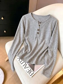 SHEIN Sparklyn 女童短袖休閒 INS 風舒適寬鬆百搭 Polo 條紋 T 恤，秋季上衣，秋季，圖案 T 恤，長袖 - 灰色 - 查看 3