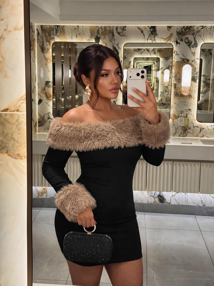 Firerie Casual sommarklänning för kvinnor i plus size med fluffig patchwork och off-shoulder - Svart - Visa 1