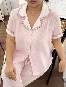 Napfluff CURVE Napfluff CURVE Plus Size Women's Striped Print Short Sleeve & Long Pants Pajama Set, Floral Lace Trim Design, Fresh Style, Suitable For All Seasons - Pink - View 5