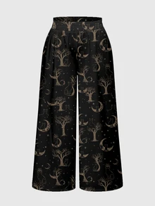 ROMWE Goth Plus Size Cat Print Loose Wide Leg Long Pants - Black - View 1