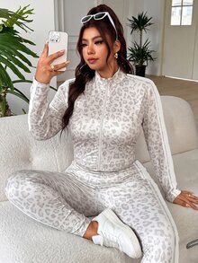 SHEIN EZwear Bộ đồ casual nữ size lớn gồm áo tank top cổ vuông khóa kéo trước họa tiết da báo và quần legging - Nhiều màu - Xem 8