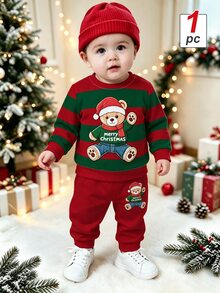 1件新款秋季男童運動衫，聖誕紅綠配色拼接條紋上衣，附聖誕熊印花，滿滿節日氛圍！時尚休閒百搭，帥氣吸睛，適合多種場合，聖誕拍照首選，男童服飾多穿搭，打造精緻春秋造型，適合作聖誕禮物 - 彩色 - 查看 1