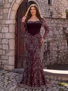 Glamrae Plus Size Elegant Luxury New Beaded Sequin Embroidered Lace Bubble Patchwork Elastic Knit Ruched Mermaid Dress With Puff Sleeves, Suitable For Wedding Events, Bachelorette Party, Vacation, Prom, Evening Gown (Intricate Design) - Burgundy - View 5