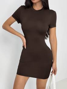 SHEIN PETITE 女款純色圓領短袖簡約迷你緊身洋裝，休閒基礎性感日常穿著，適合嬌小女性外出，黑色夏季款 - 棕色 - 查看 7