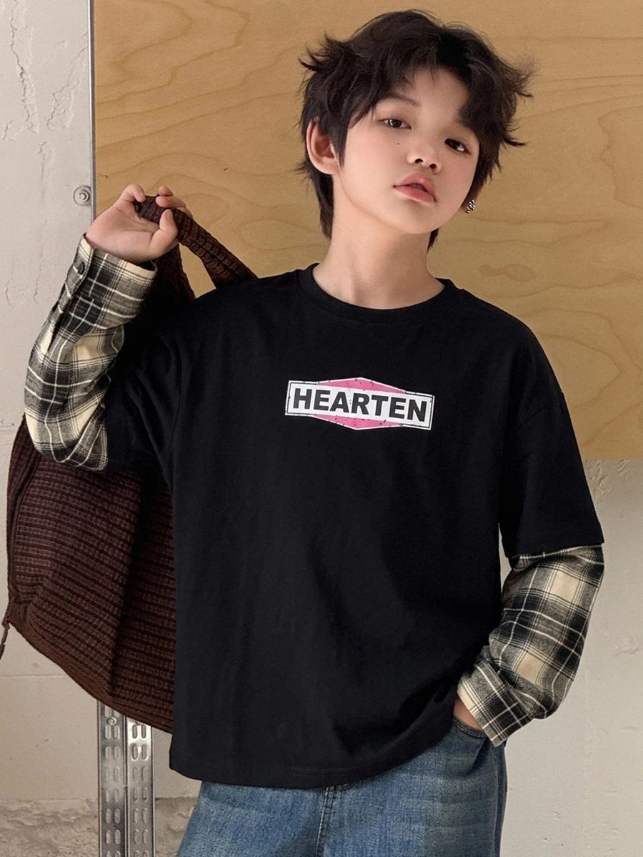 Dazy Kids Tween Boy Letter Print Patchwork Plaid 2 In 1 Casual T-Shirt - Black - View 1