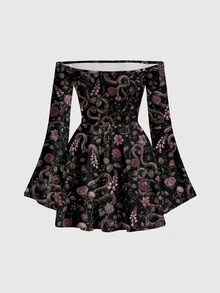 ROMWE Gothic Snake Dark Mysterious Asymmetrical Hem Off-Shoulder Sexy Vintage Women's Dress - Black - View 2