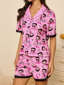 Betty Boop x SHEIN Women's Short Sleeve Contrast Lace Single-Breasted Top And Shorts Pajama Set - Pink - View 7