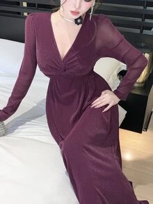 DAZY Women's Solid Color V-Neck Long Sleeve Elegant Dress - Purple - View 3