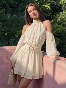 KARISMINA Women's High Neck Puff Long Sleeve Cold Shoulder Cinched Waist Layered Ruffle Mini Dress, Elegant Romantic Party Brunch Vacation Wear Cream Fall - Apricot - View 9