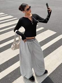 Muchica Women's Grey Wide Leg Sweatpants, Striped Ribbed Drawstring Waist, Adjustable Hem Baggy Y2K Streetwear Hip Hop Casual Fall Winter Pants Lounge - Grey - View 5