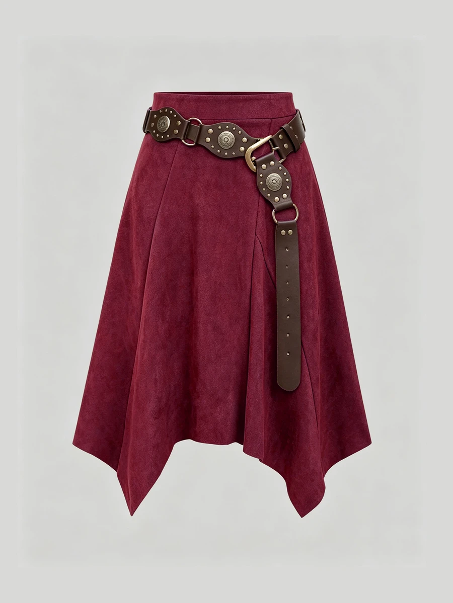 Sweetra Women's Summer New Suede Fabric Asymmetrical Hemline Skirt, Suitable For Shopping, Commuting And Daily Wear - Burgundy - View 1
