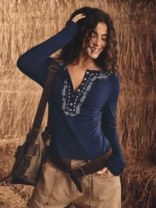 SHEIN The Lady's Autumn And Winter Long-Sleeve Shirt Has A Three-Dimensional Geometric Pattern Embroidery From The Collar To The Buttonhole, White And Blue - Navy Blue - View 1