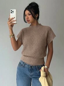 Aloruh 女款休閒通勤簡約純色漏斗領蝙蝠袖寬下擺針織上衣 - 駝色 - 查看 8