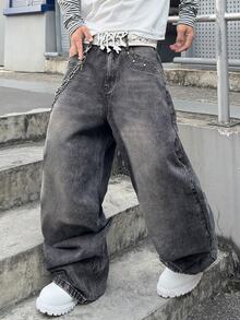 STEELVANCE Street Vintage Fashion Versatile Distressed Washed Cat Whisker Contrast Stud Design Loose Straight Leg Wide Leg Casual Denim Jeans (Belt And Accessories Not Included) - Black - View 6