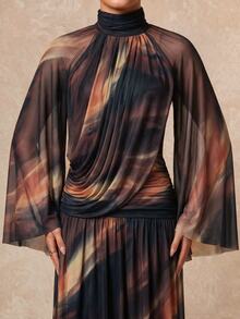 Lumalex Soft Comfortable Mesh High Neck Flowy Long Sleeve Pleated Draped Bodycon Dress With Large Hem For Women - Multicolor - View 6