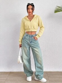 SHEIN PETITE 白色女款純色前拉鍊長袖口袋極簡連帽夾克，休閒秋季場合日常穿著，返校教師穿搭，適合嬌小女性 - 淡黃色 - 查看 7