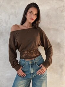 Aloruh 黑色蕾絲拼接上肩寬鬆上身緊身下擺長袖女式襯衫，秋冬新款外出上衣，萬聖節女裝 - 咖啡棕 - 查看 8
