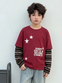 Dazy Kids تي شيرت طويل الأكمام برقبة دائرية بتصميم مخطط ومربعات ملونة للفتيان المراهقين - الأحمر - مشاهدة 6