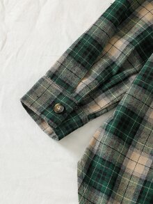 SHEIN 女童復古學院風寬鬆慵懶長袖中長版襯衫秋季上衣，校園、感恩節綠色格紋 - 彩色 - 查看 7