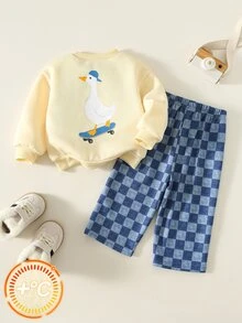 SHEIN 中性嬰兒男/女童 2件組秋冬保暖內裡加厚可愛鵝圖案運動衫套裝，男嬰冬季套裝，運動服，街頭風 - 霧霾藍 - 查看 1