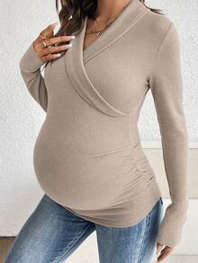 SHEIN V領抓皺長袖哺乳上衣，休閒日常穿著，適合秋季 - 杏色 - 查看 3