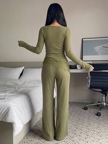 DAZY 2pcs Lace Patchwork Slim Fit Long Sleeve Top & Straight Leg Long Pajama Pants Women's Sleepwear Set - Army Green - View 2