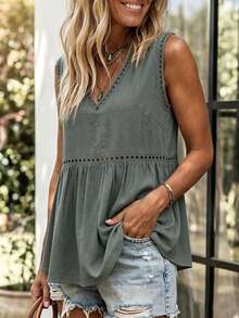 LanaWest Petite Women's Solid Color V-Neck Pleated Casual Daily Wear Top - Grey - View 6