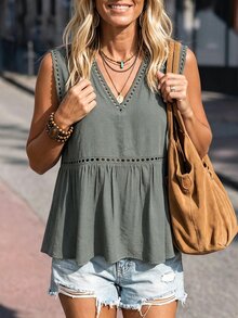 LanaWest Petite Women's Solid Color V-Neck Pleated Casual Daily Wear Top - Grey - View 3