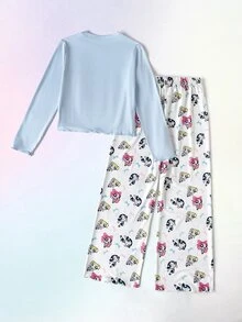 THE POWERPUFF GIRLS X SHEIN Set Piyama Rumahan Anak Perempuan Remaja Lucu Manis Minimalis Motif Kartun Warna-warni Leher Bulat Lengan Panjang Berkerut Celana Panjang Lembut Nyaman 2 Potong - MultiWarna - View 2