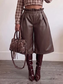 Slaydiva Plus Size Women's Solid Color Casual Versatile Daily Wear Capri Pants - Brown - View 8