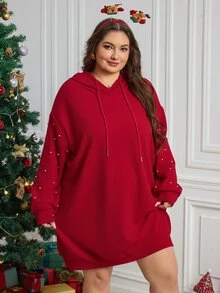 SHEIN CURVE+ فستان مقاس كبير مزين بالخرز مع بطانية رأس - الأحمر - مشاهدة 4
