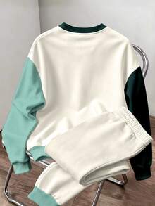 HypeHours Men's Casual Colorblock Patchwork H Small Logo Icon Long Sleeve Sweatshirt, Men's Long Sleeve Crew Neck Sweatshirt Set - Multicolor - View 2