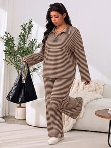 Solflare Autumn And Winter Plus Size Brown Striped T-Shirt Long Sleeve + Striped Loose Pants Home Leisure Two Pieces Set - Mocha Brown - View 4
