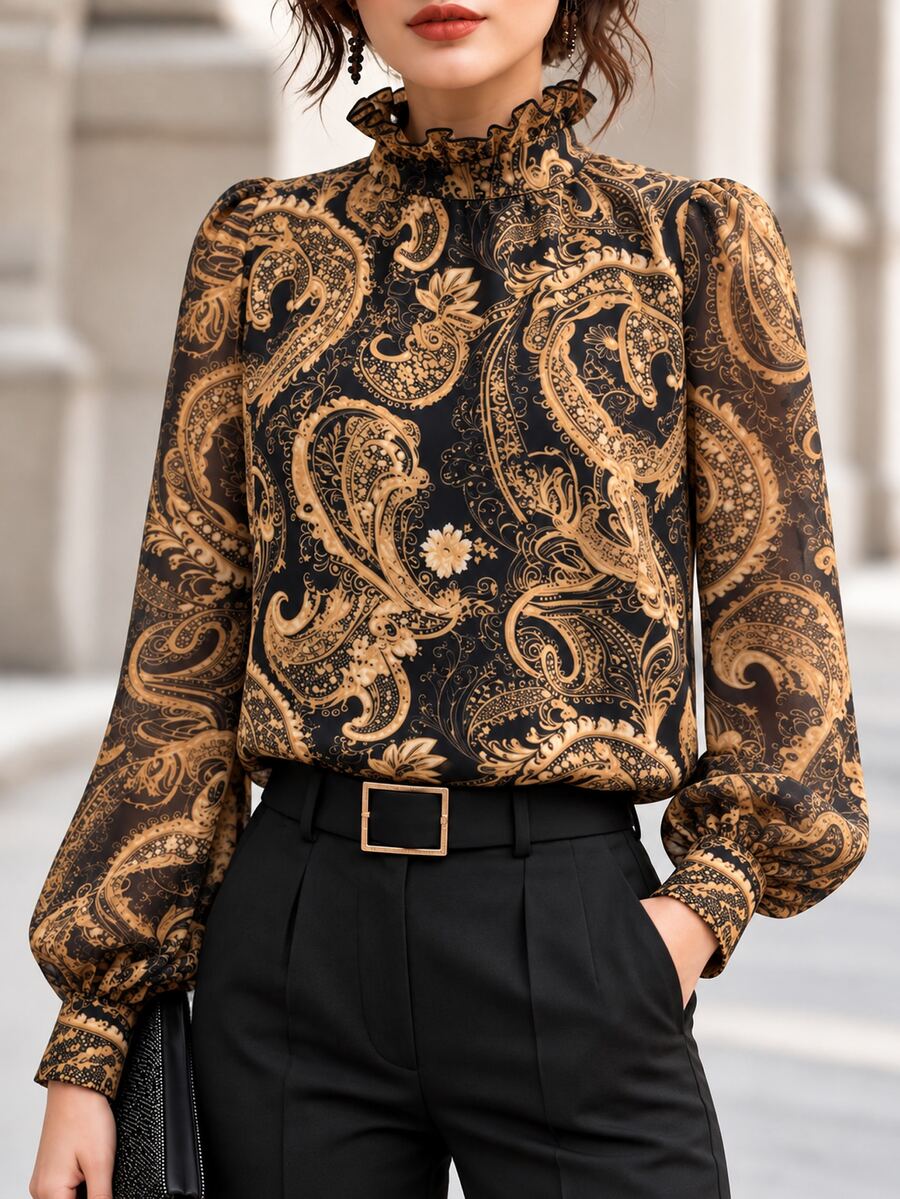RosyDaze Women's Chiffon Blouse With Ruffle Neckline And Paisley Print, Suitable For Commuting, Dating And Party Occasions - Black - View 1