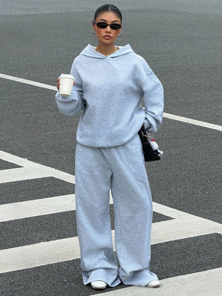 Muchica Plus Size Solid Drop Shoulder Oversize Hoodie & Wide Leg Sweatpants Set Fall - Light Grey - View 1