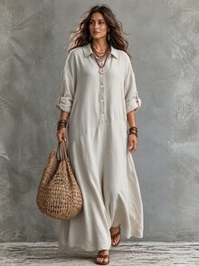 Linhara CURVE Autumn Plus Size Women Long Sleeve Shirt Casual Dress, Suitable For Daily Commute And Vacation - Apricot - View 12