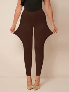 SHEIN PETITE CURVE 女款大尺碼純色彈性腰高彈力黑色蕾絲內搭褲，優雅晚餐冬季短身適用，鄉村音樂會休閒長褲 - 咖啡棕 - 查看 4